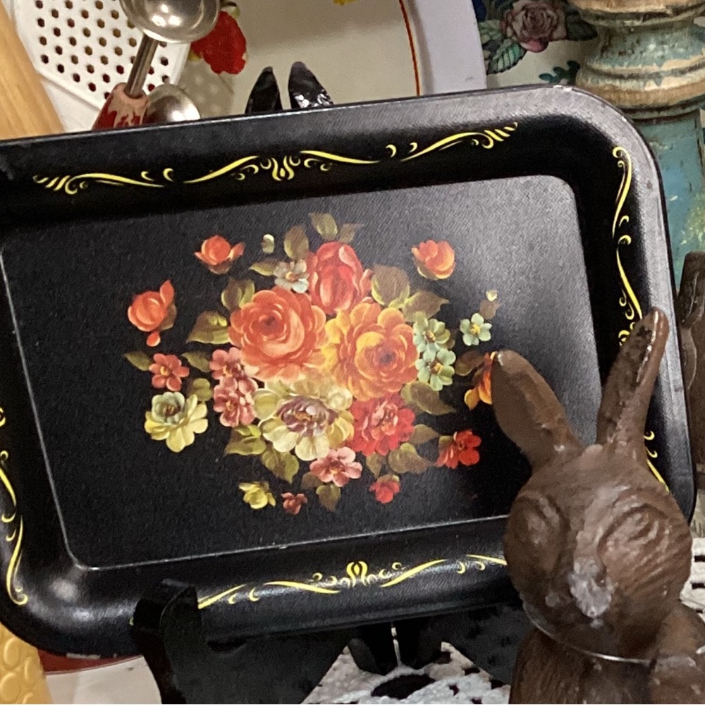 Boho Floral Black and Gold Mini Tray & Stand |Coffee Table Vignette Decor
